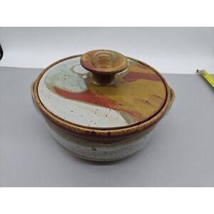 Stoneware Pottery Handmade Dish w/ Lid Multicolor Drip Glaze Not Signed